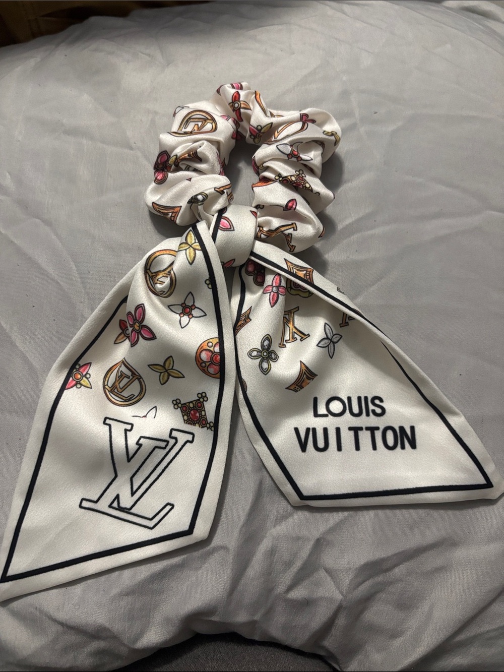 Louis Vuitton White Monogram Bow Scrunchie with Pink and Gold Accents